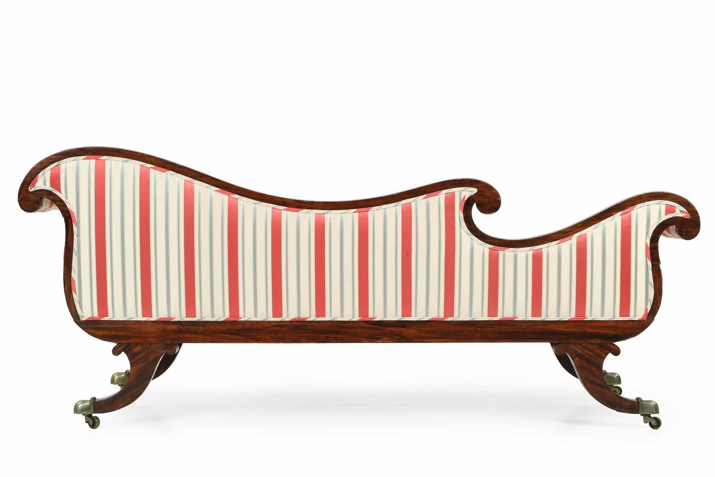 English Regency Brass Inlaid Antique Recamier Sofa Chaise Longue, circa 1825 In Excellent Condition In Shippensburg, PA
