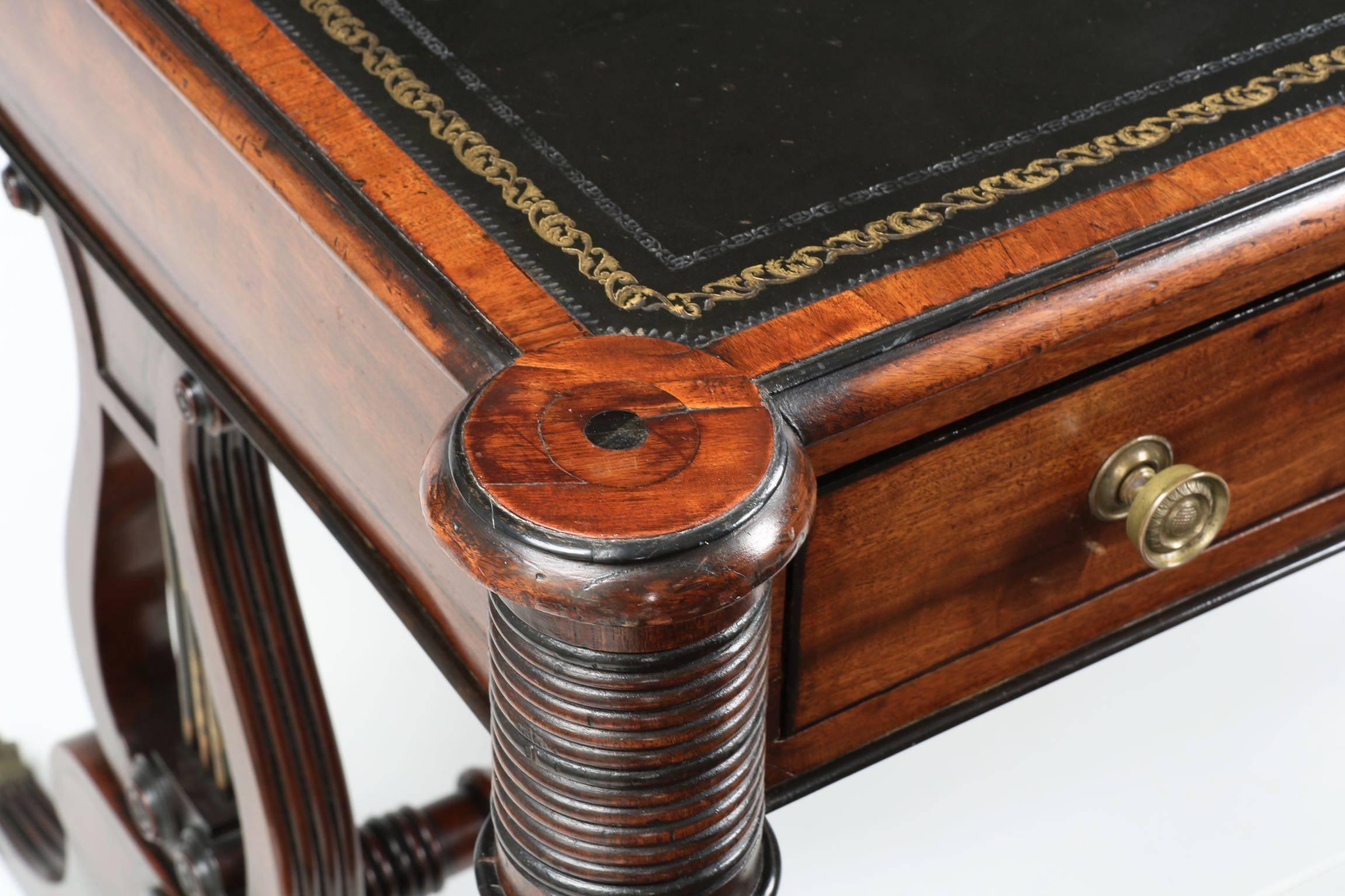 Gilt English William IV Mahogany Antique Writing Desk Table, circa 1830