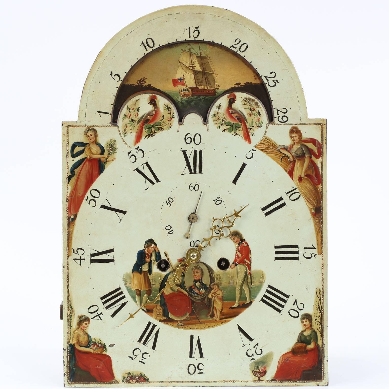 19th Century English Georgian Mahogany Antique Tall Case Clock Tribute to Admiral Nelson