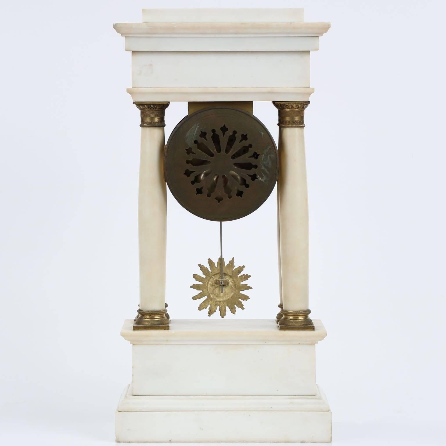 Gilt French Charles X Alabaster Antique Portico Mantel Clock, circa 1830
