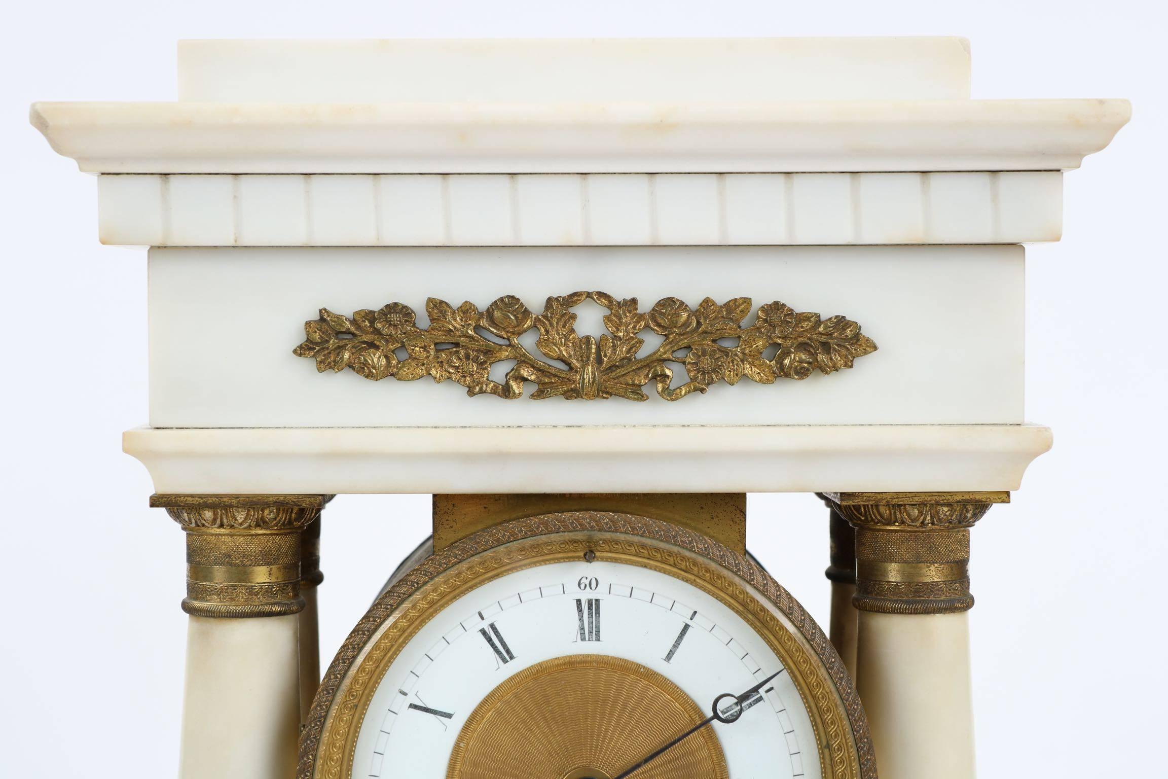 19th Century French Charles X Alabaster Antique Portico Mantel Clock, circa 1830