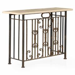 Table console ancienne en fer forgé avec plateau en pierre:: fin du 19e/début du 20e siècle
