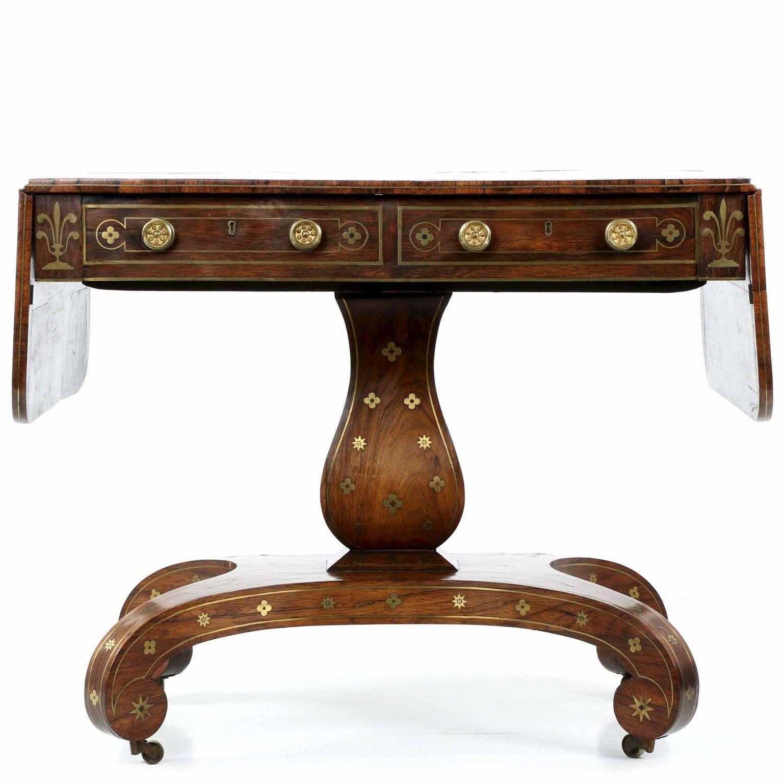English Regency Brass Inlaid Rosewood Sofa Table, circa 1820 In Good Condition In Shippensburg, PA