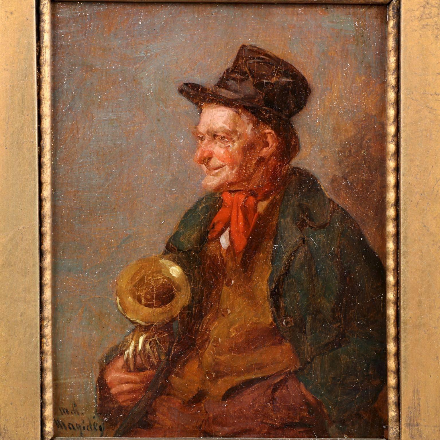 A remarkably charming little work by German artist Wladimir Maguey, this fine oil on panel captures a side profile of a musician with his brass horn.  His weathered skin and rumpled clothing speak of a musician who must play to survive, and yet his