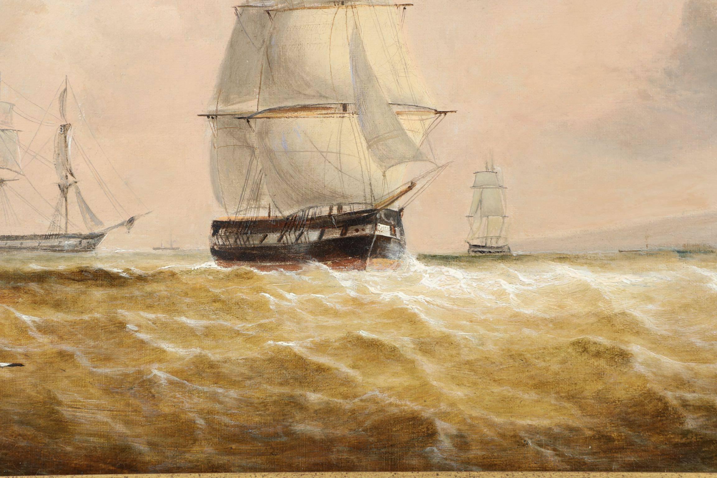 Canvas Nautical Seascape Antique Oil Painting of Ships at Sea, 19th Century