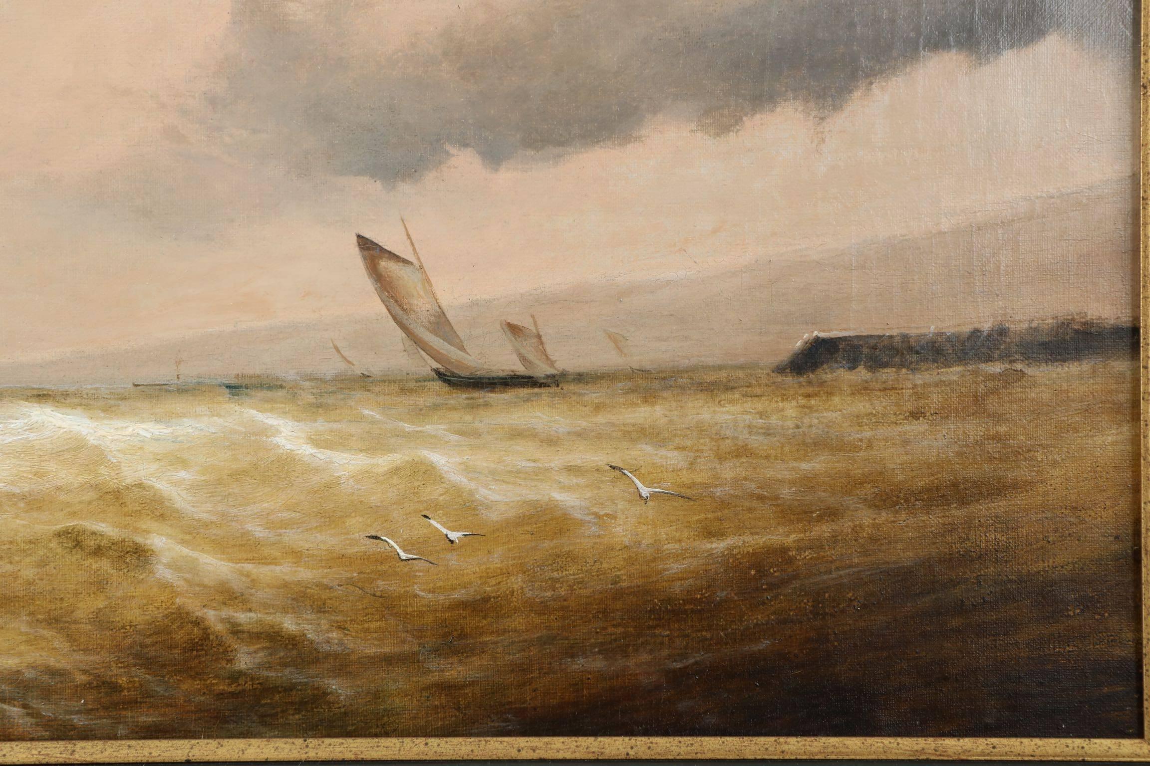 European Nautical Seascape Antique Oil Painting of Ships at Sea, 19th Century