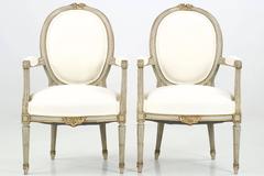 Pair of French Louis XVI Style Painted Antique Fauteuil Armchairs
