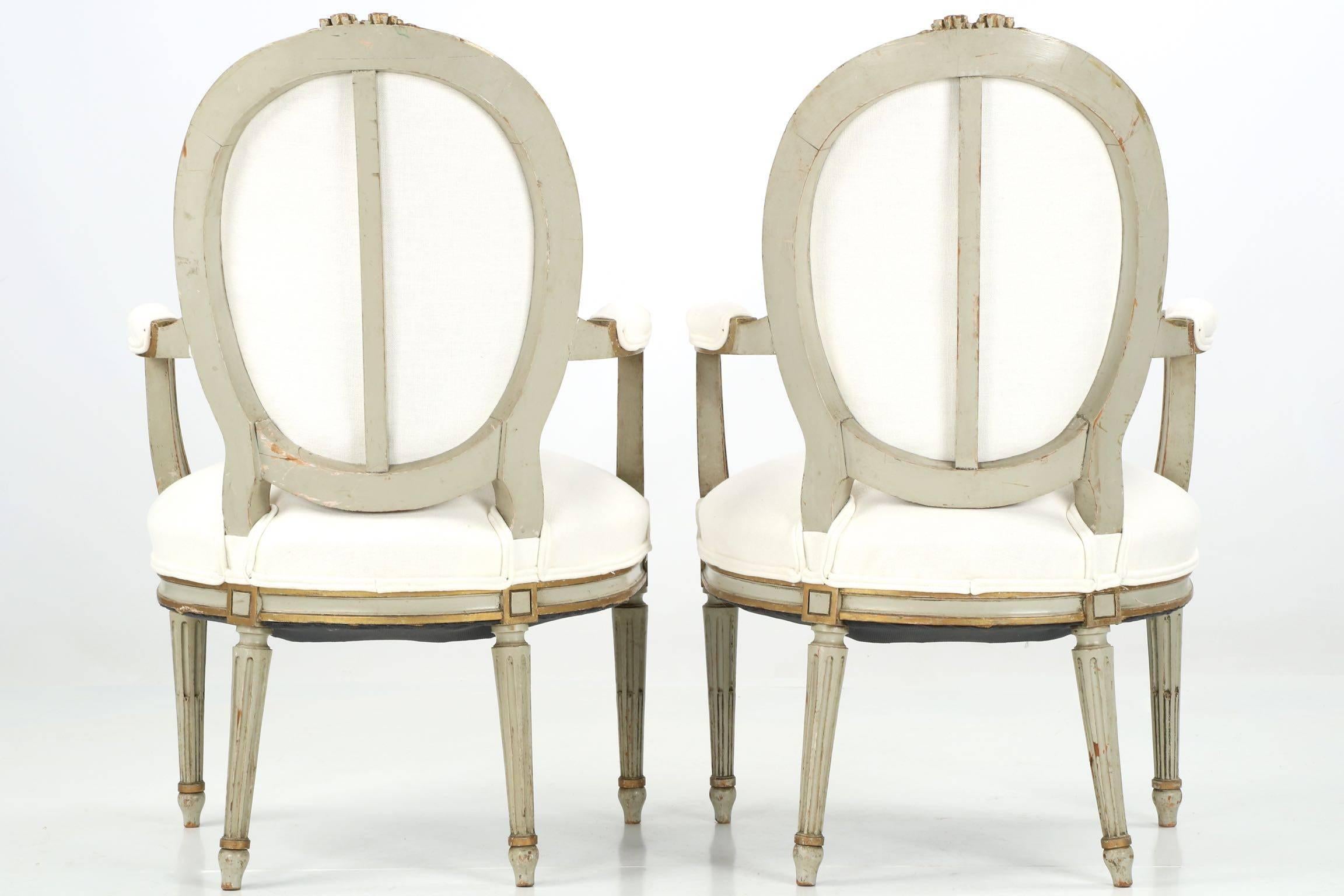 20th Century Pair of French Louis XVI Style Painted Antique Fauteuil Armchairs