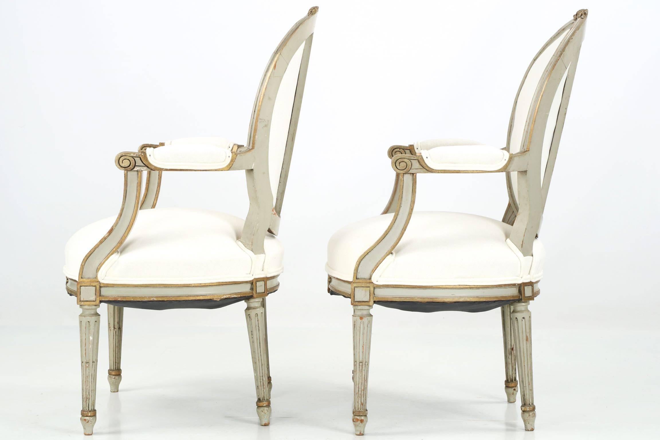 Pair of French Louis XVI Style Painted Antique Fauteuil Armchairs 1