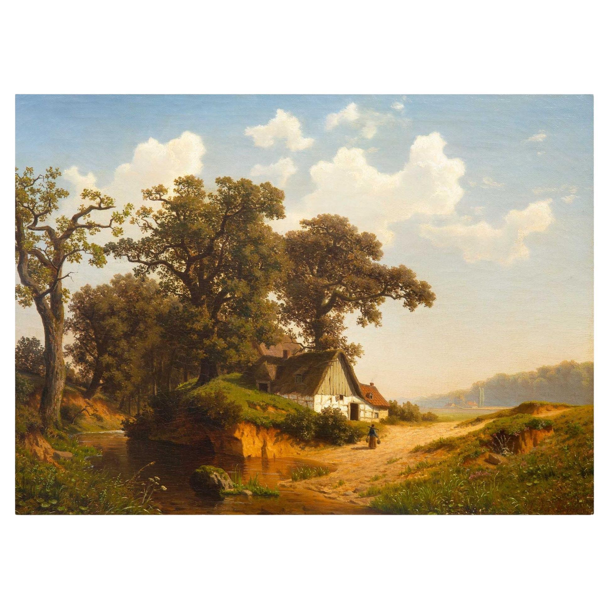 Peinture de paysage allemande de 1884 représentant une ferme hollandaise par Joseph Jansen