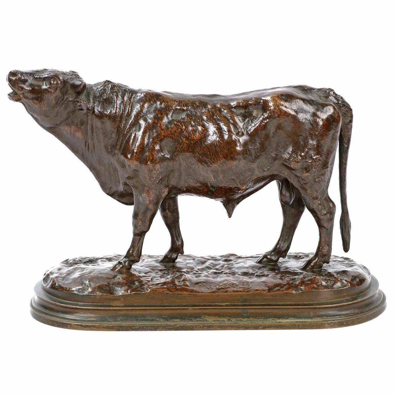 A finely cast bronze sculpture after the model by Rosa Bonheur, this gorgeous little work of a bellowing bull is finished in a most attractive reddish-brown and black patina, entirely original and remaining in excellent condition.  The cast is