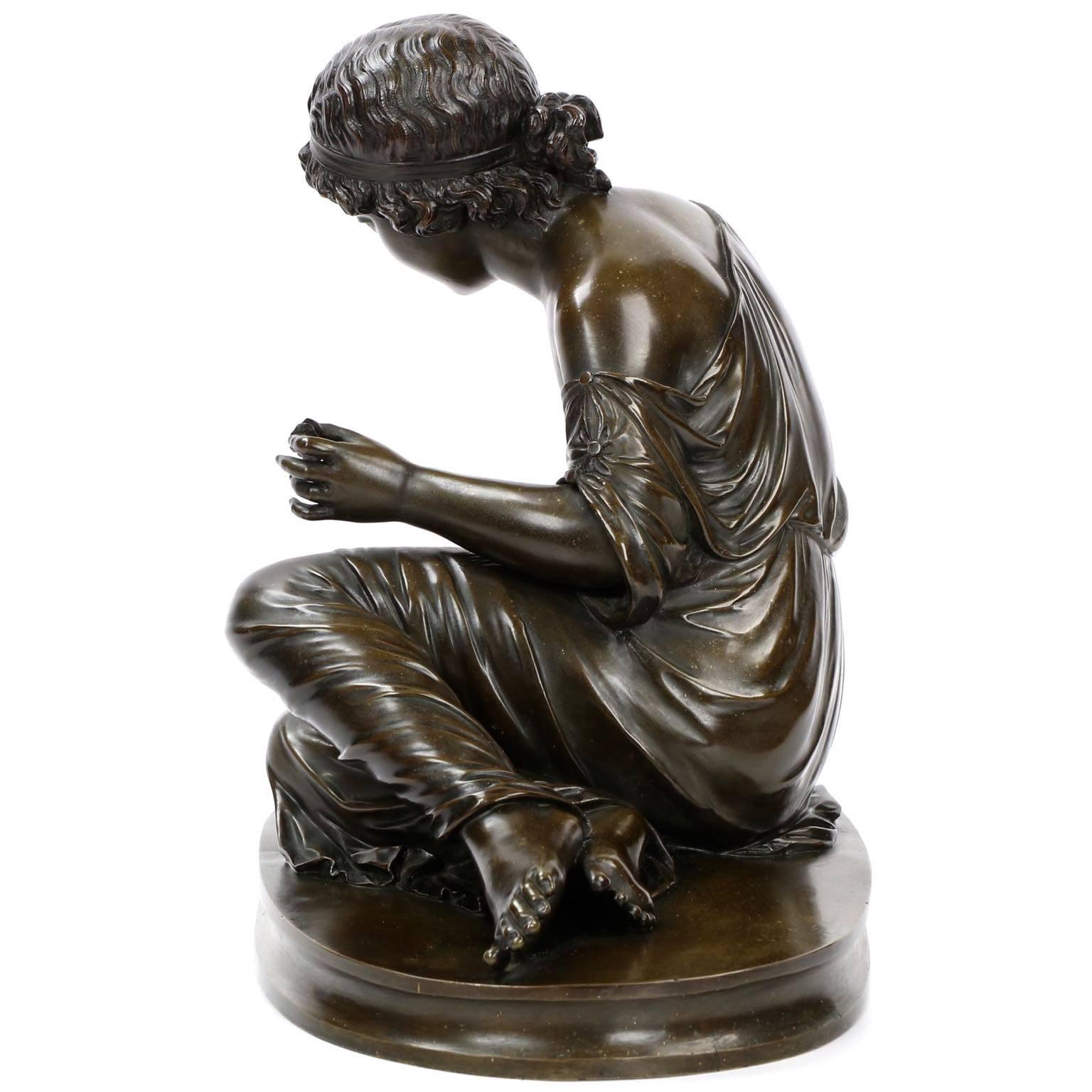 French Classical Antique Bronze Sculpture of Girl with Lizard, 19th Century In Good Condition In Shippensburg, PA