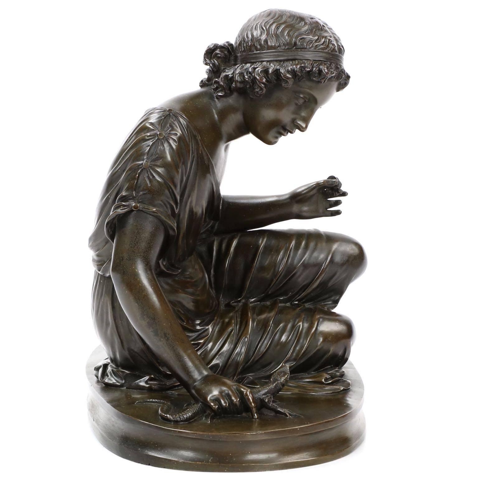 European French Classical Antique Bronze Sculpture of Girl with Lizard, 19th Century