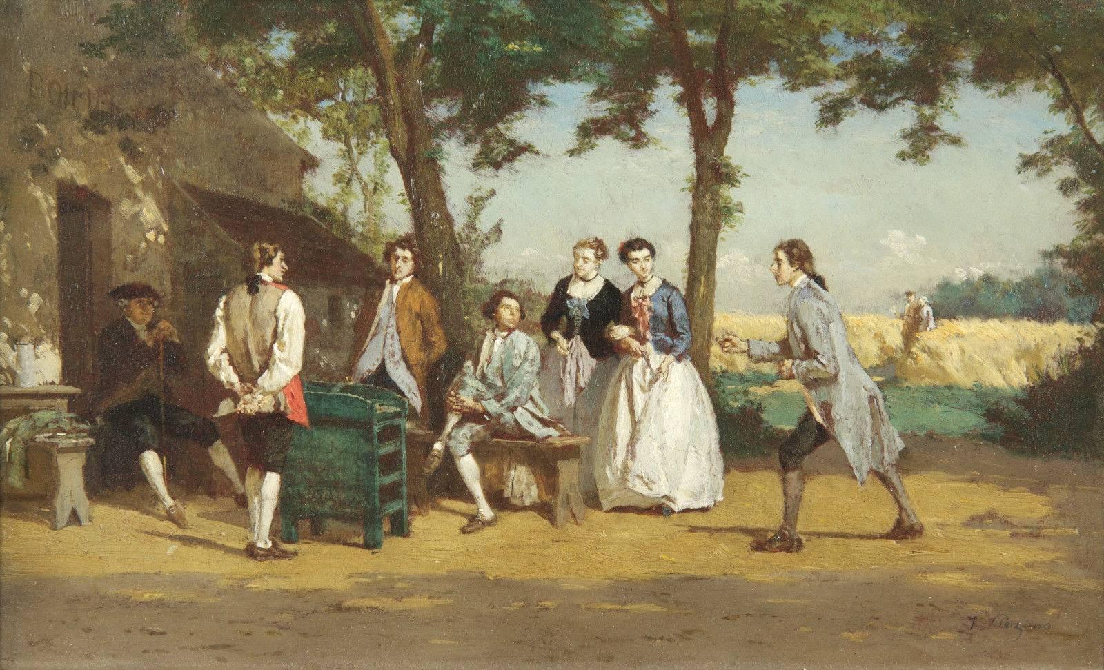 This is a vivid and charming little scene capturing a group of friends enjoying a sunny summer afternoon of games at a rural tavern in the middle of wheat fields. The tavern has a faint block inscription reading "Bon Vin" or "Good