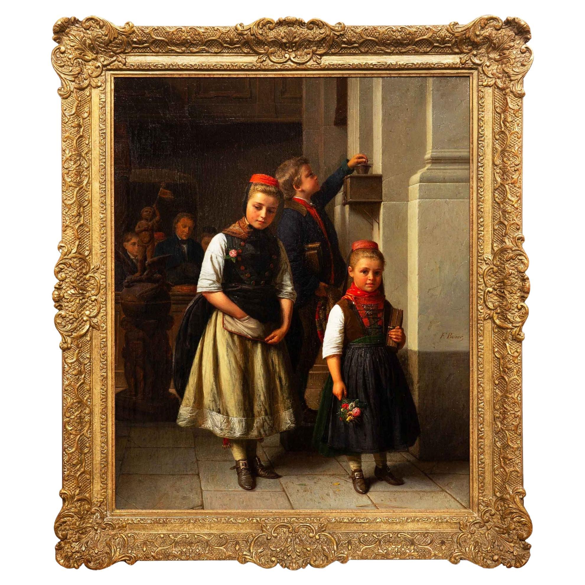 Rare German Romantic Painting of “Siblings After Church” by Karl Boser ca. 1860 For Sale