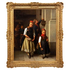 Antique Rare German Romantic Painting of “Siblings After Church” by Karl Boser ca. 1860
