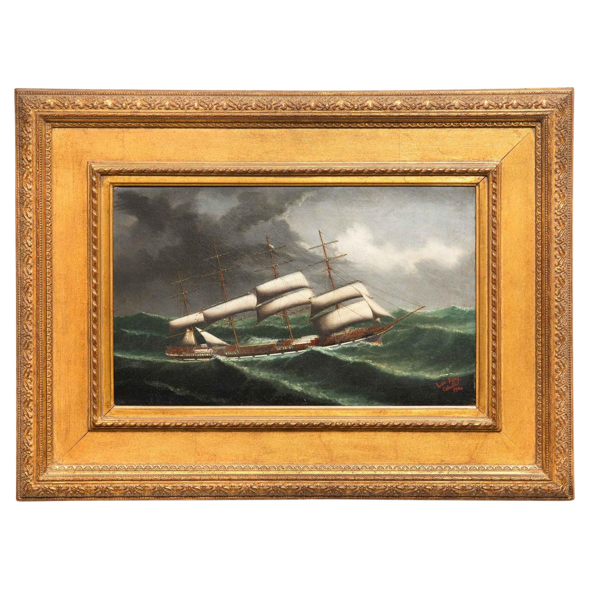 China Trade Nautical Painting of Sailing Ship by Lai Fong of Calcutta ca. 1900 For Sale