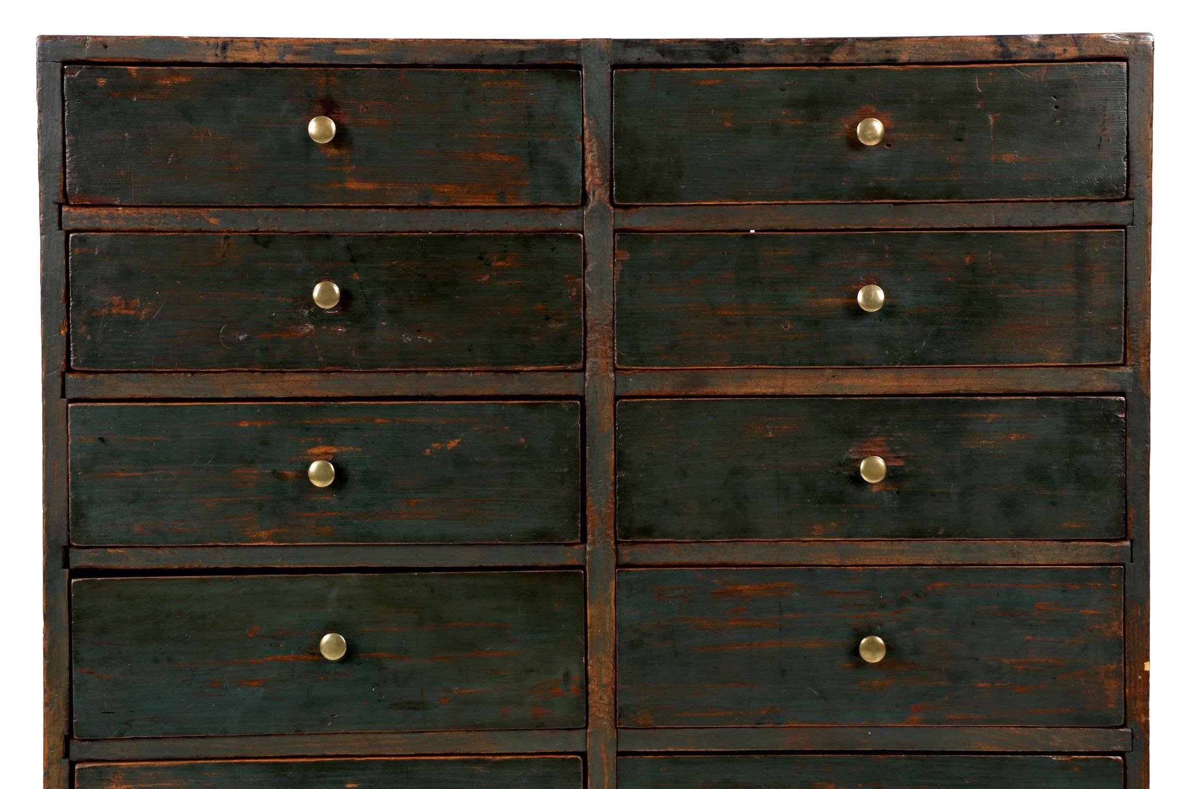 Primitive American Scrubbed Blue Painted Dovetailed Pine Apothecary Cabinet, 19th Century