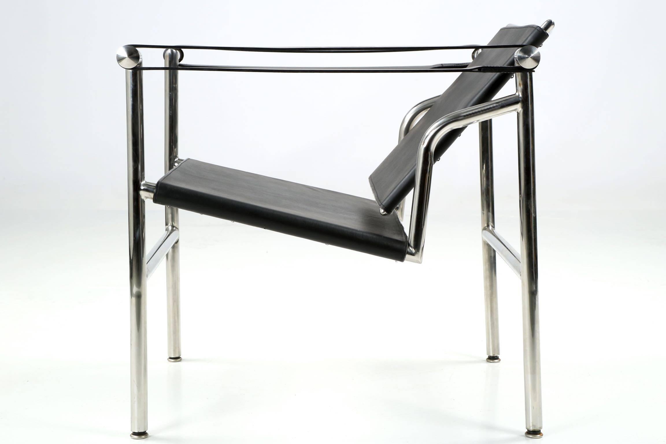 Chrome and Leather Slingback Armchair after Le Corbusier LC1 Basculant 1