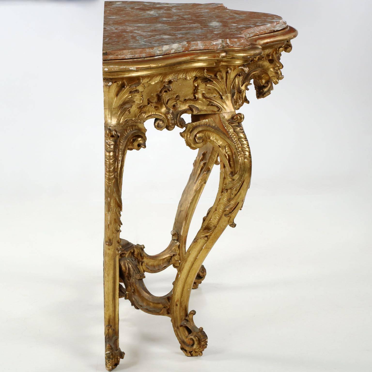 European Carved Giltwood Red Marble-Top Console Table in Louis XV Taste, 19th Century