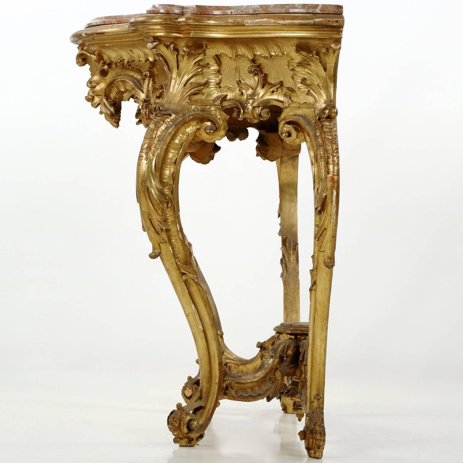 Carved Giltwood Red Marble-Top Console Table in Louis XV Taste, 19th Century 1