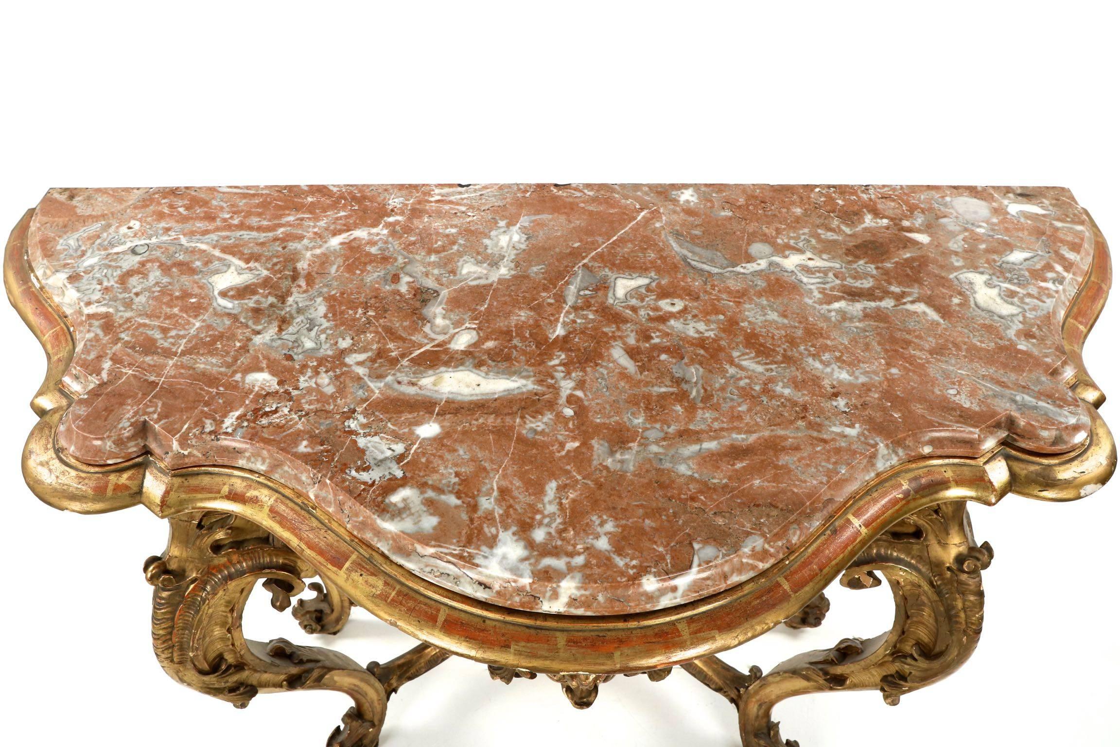Carved Giltwood Red Marble-Top Console Table in Louis XV Taste, 19th Century 4