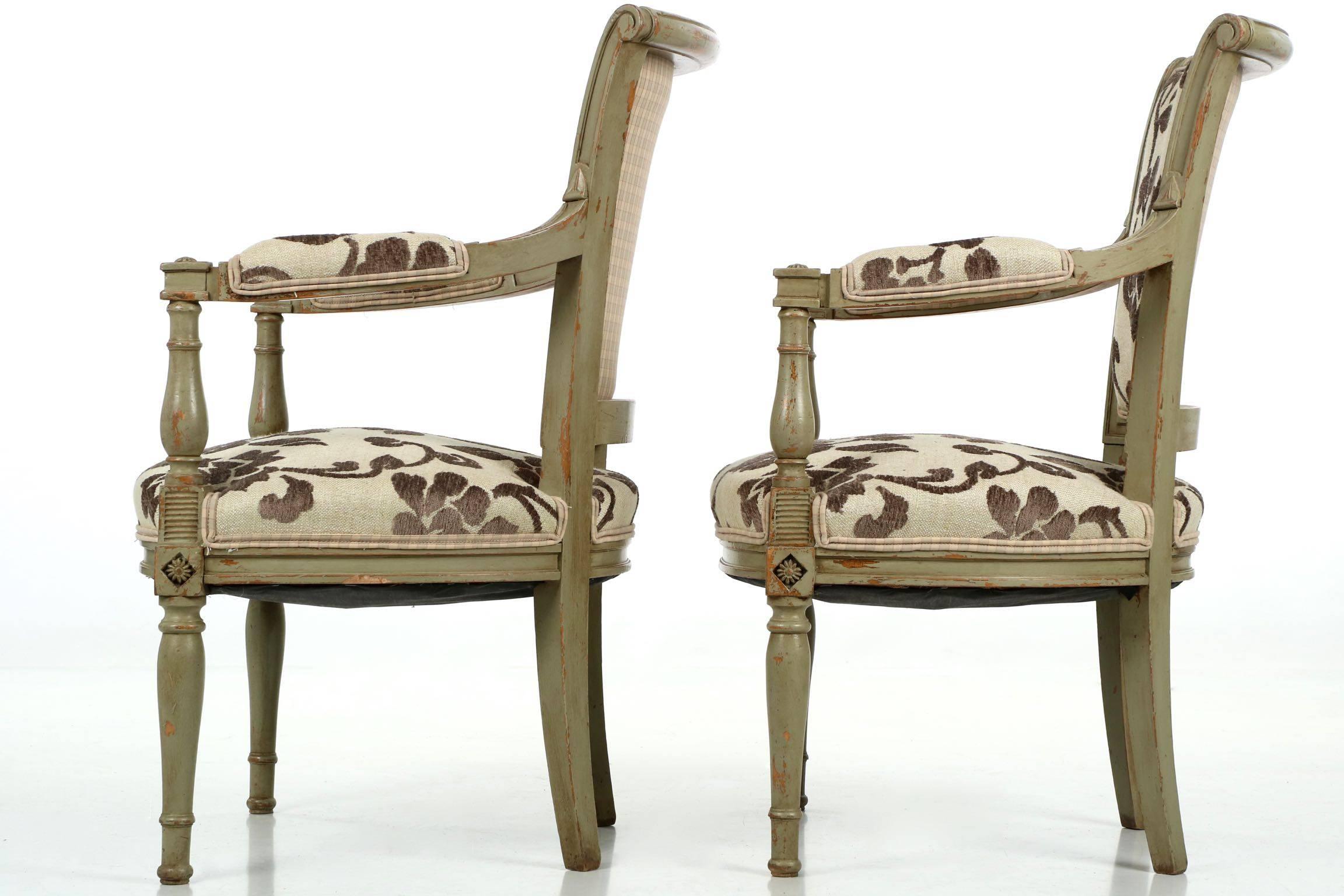 Pair of French Neoclassical Antique Green Painted Arm Chairs In Excellent Condition In Shippensburg, PA
