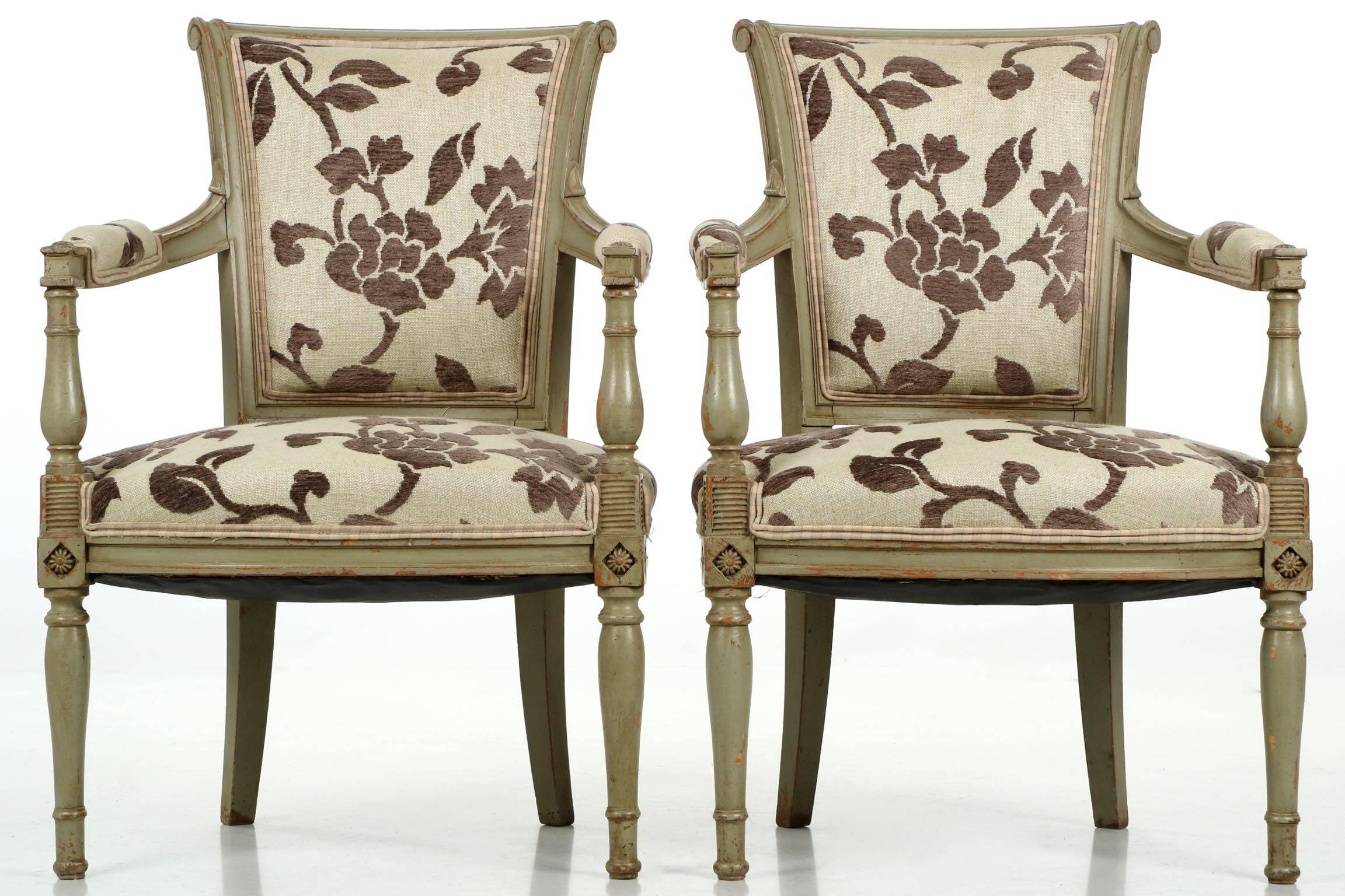 These armchairs are directly inspired by the Directoire taste of the first quarter of the 19th century, these crafted approximately one century later with the same austerity that was reflected in the Neoclassical movement against the excesses of the