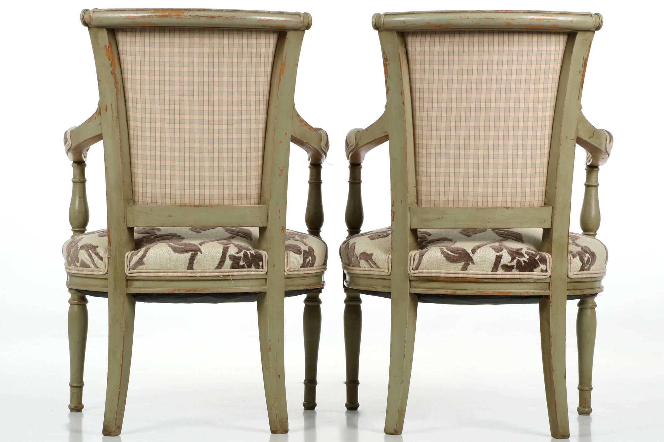 Directoire Pair of French Neoclassical Antique Green Painted Arm Chairs