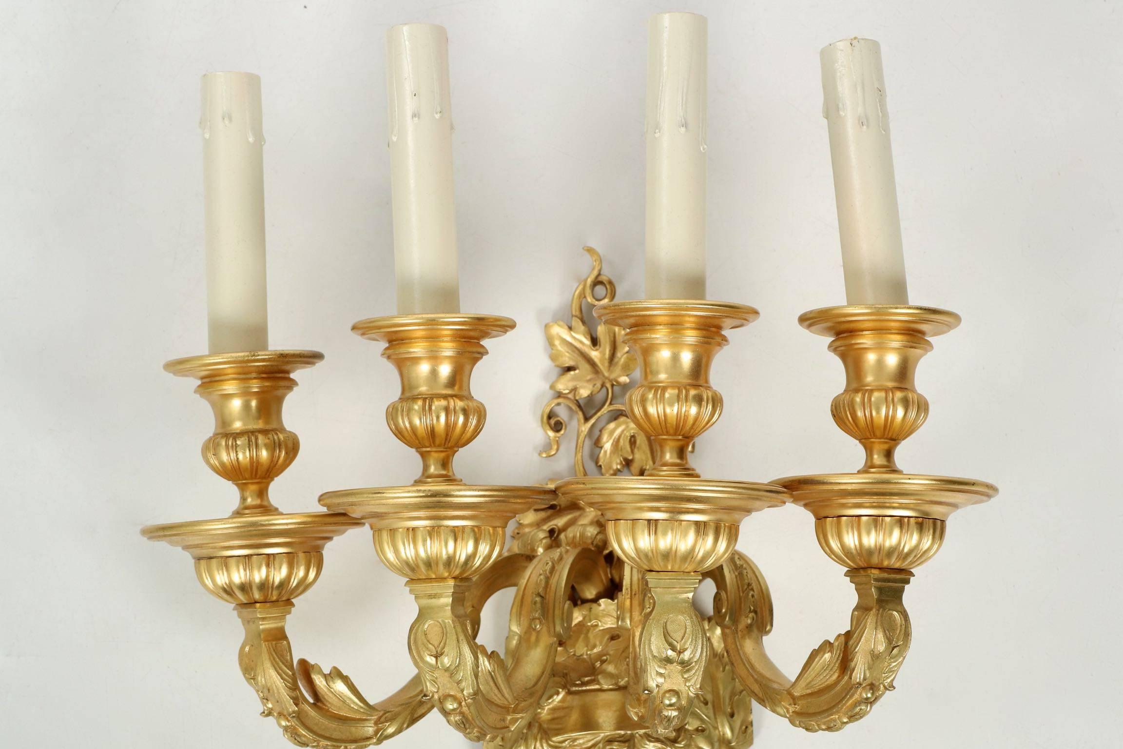 Excellent Pair of Mitchell, Vance & Co Gilt Bronze Four-Light Wall Sconce Lamps 1