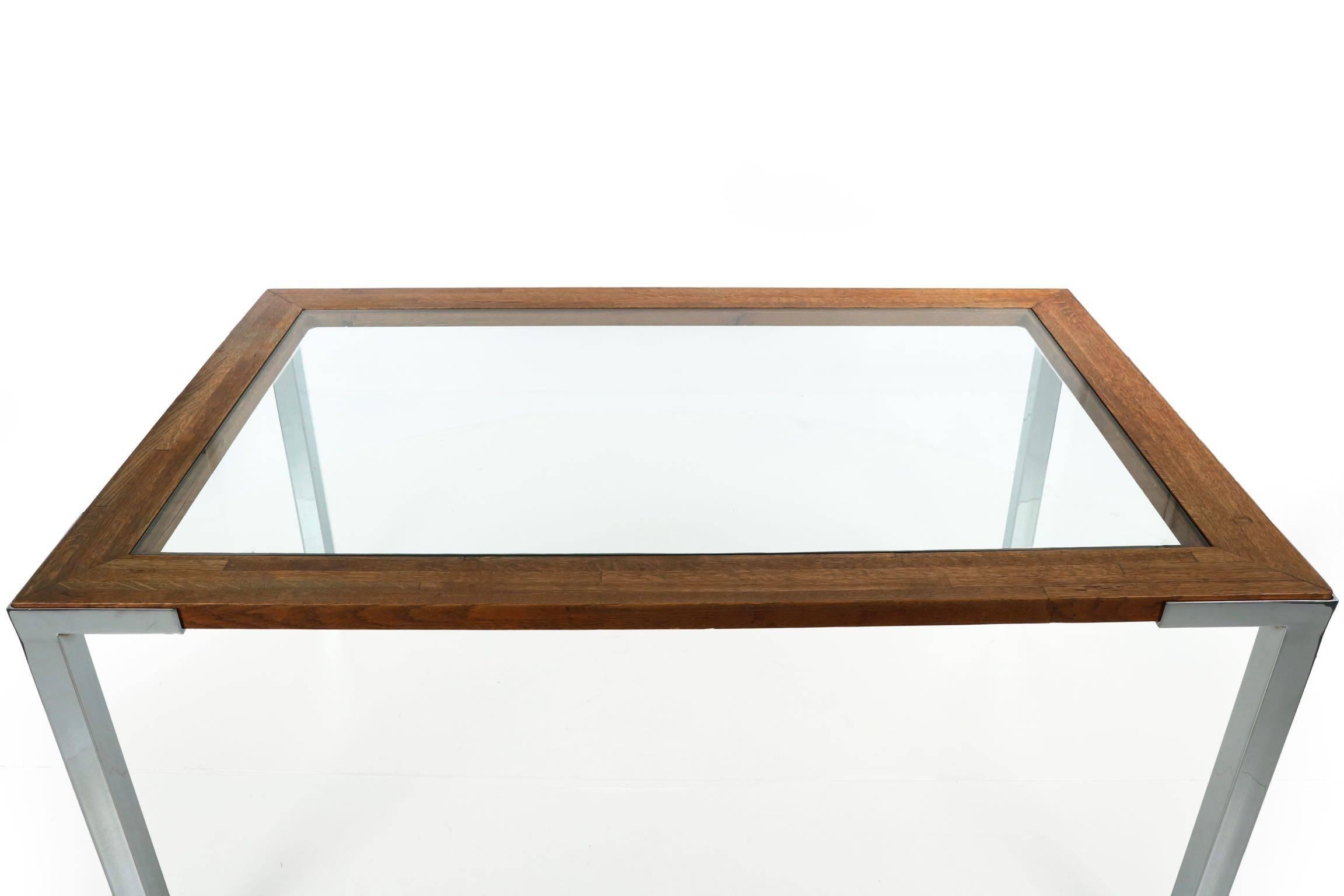Minimalist Modern Chrome, Glass and Dovetail Joined Oak Dining Table c. 1980's