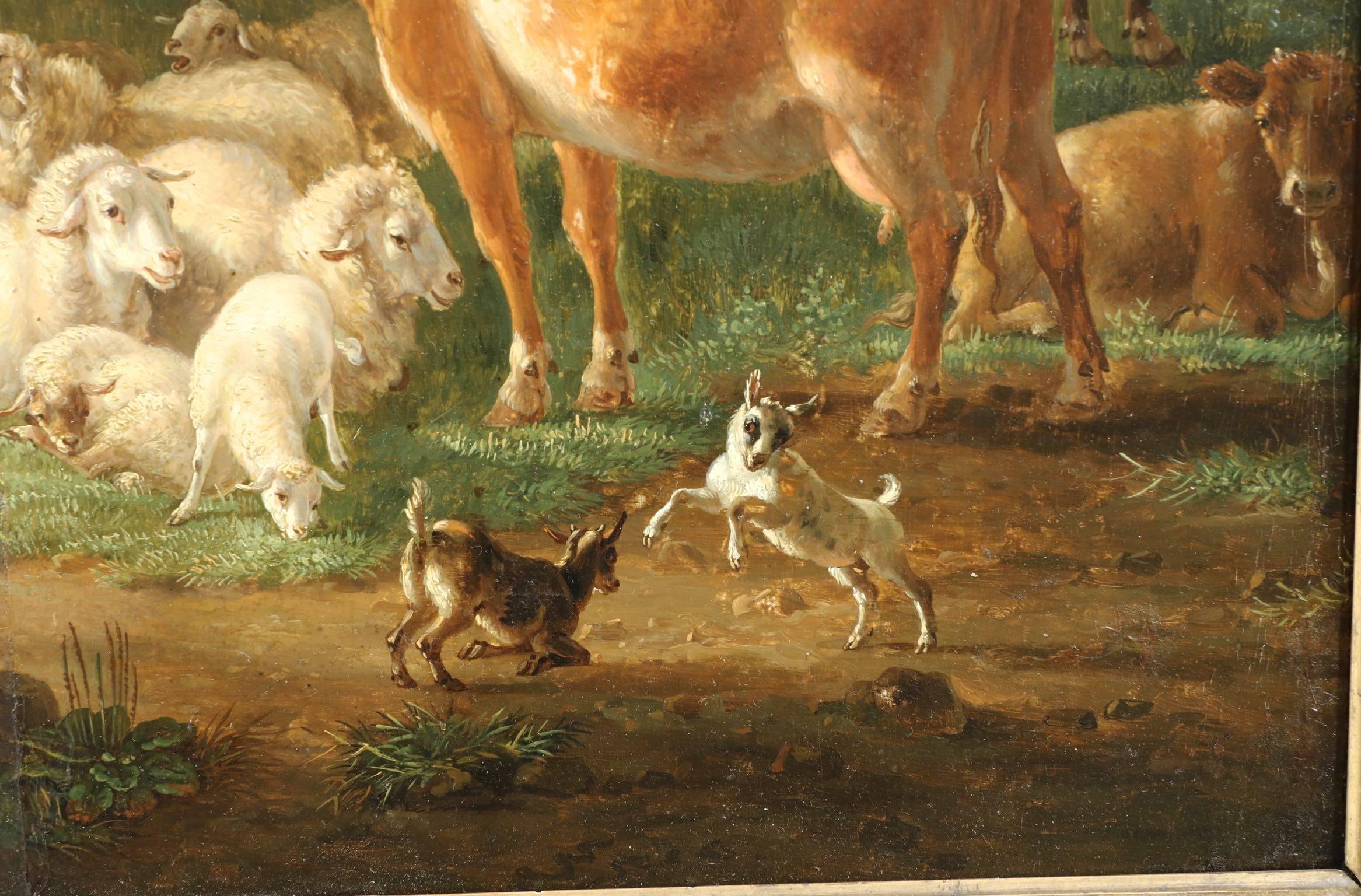 Wood Belgian Landscape Painting of Cattle & Sheep by Jean-Baptiste De Roy, circa 1798
