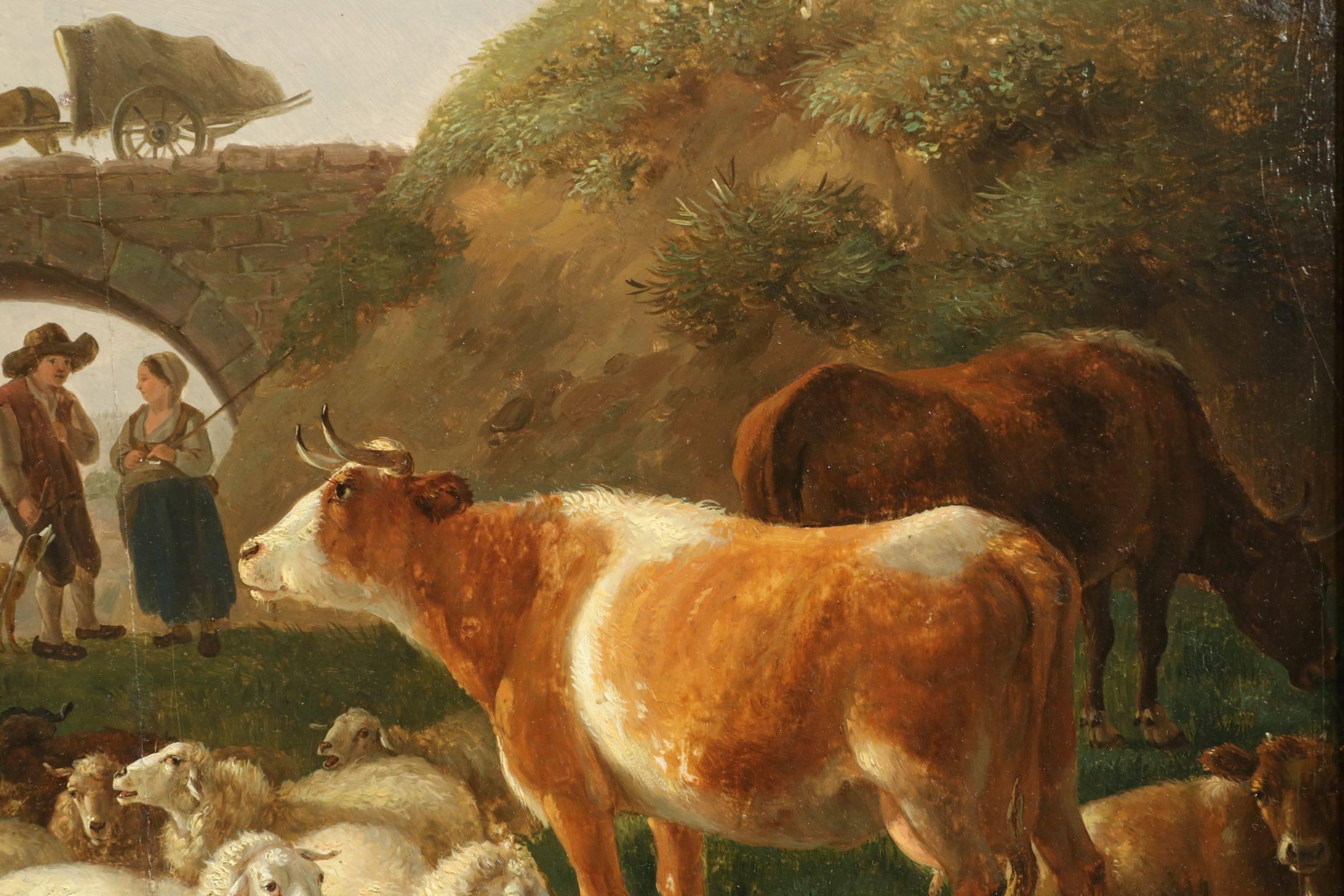 Belgian Landscape Painting of Cattle & Sheep by Jean-Baptiste De Roy, circa 1798 1