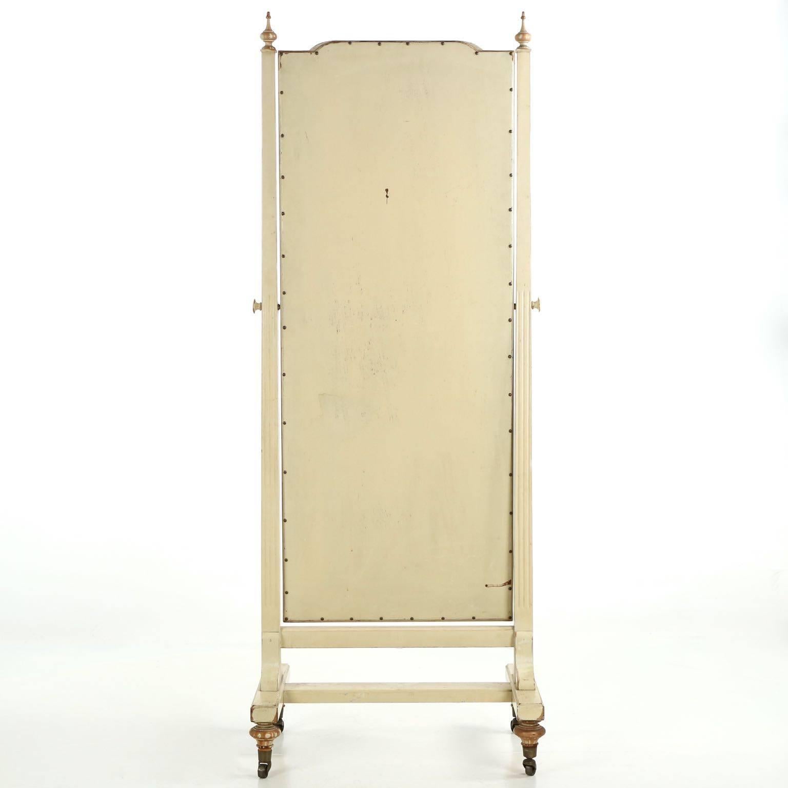Neoclassical Style Distressed White Painted Antique Cheval Mirror, 20th Century In Good Condition In Shippensburg, PA