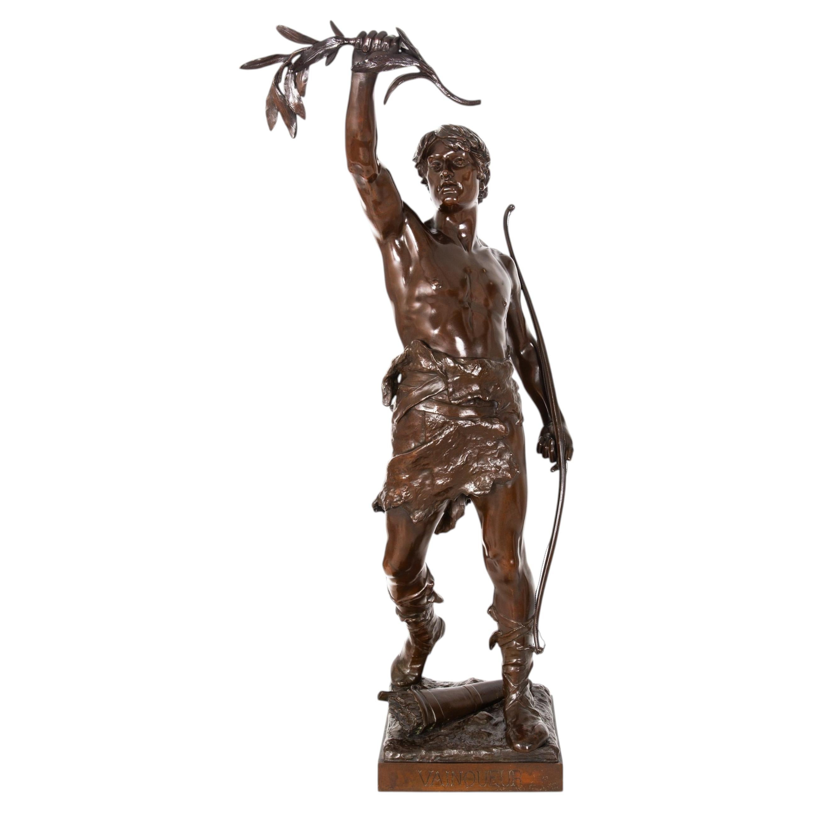 A Fine 36” H French Antique Bronze Sculpture “Victory” by Eugene Marioton For Sale