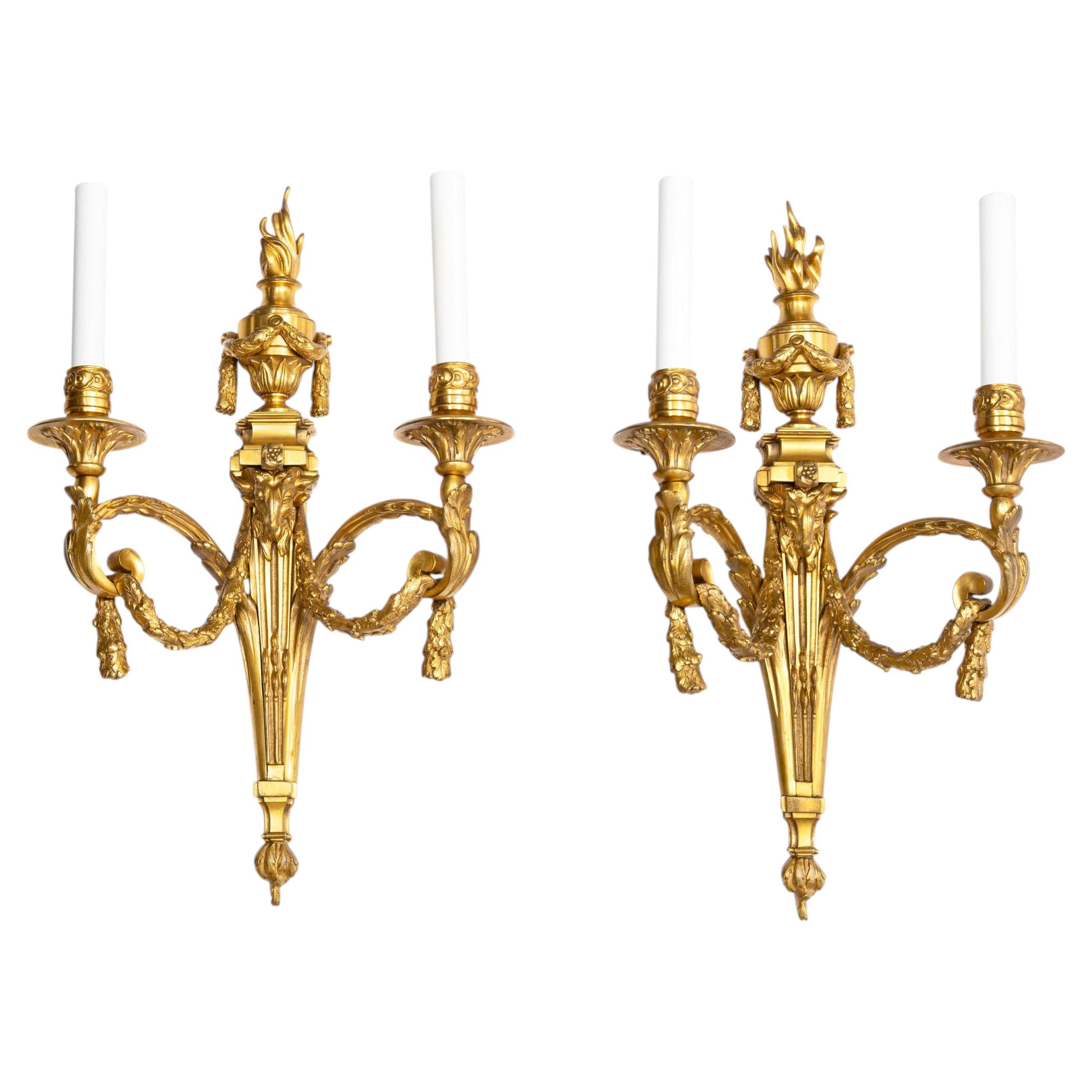 19th Century Pair of French Louis XVI Style Two-Light Wall Sconces Candelabra