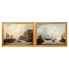 Fine Pair of British School Paintings of London Along the Thames circa 1835