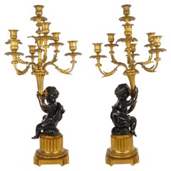 Pair of French Bronze Seven-Light Candelabra Lamps ca. 1880