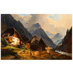 Continental School Alpine Village Oil Painting, late 19th century
