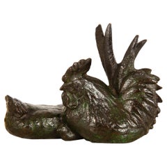 Japanese Meiji Period Bronze Okimono Sculpture of Rooster & Hen