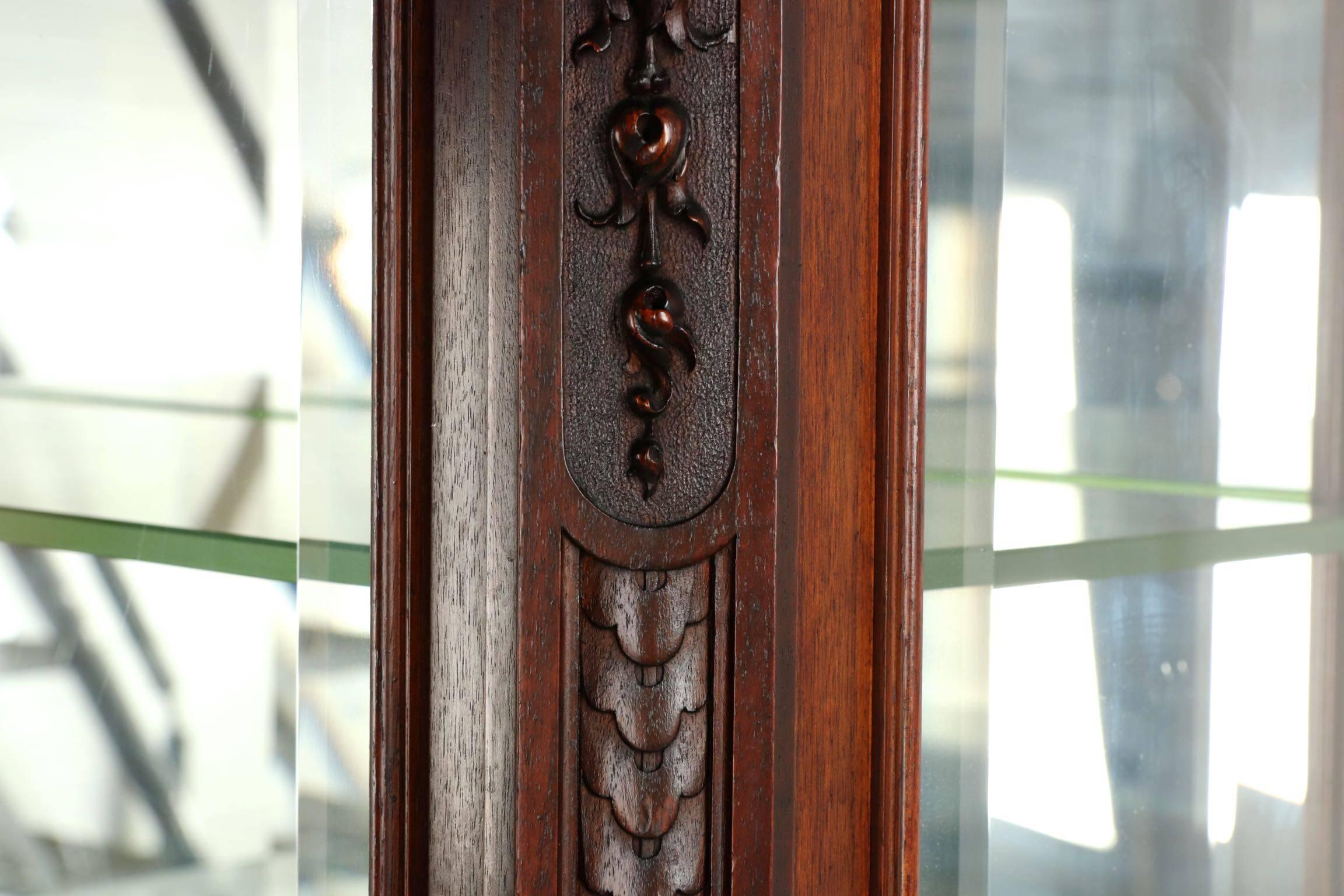 Brass Very Finely Carved Mahogany Two-Part Display Cabinet, England circa 1890