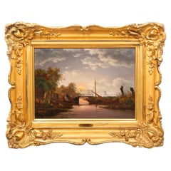 Dipinto olandese raffigurante un paesaggio fluviale al chiaro di luna, opera di Jacobus Theodorus Abels (1803-66)