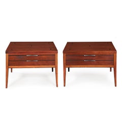 Pair of Lane Tuxedo Walnut and Rosewood Inlaid Bowtie End Tables, circa 1960s
