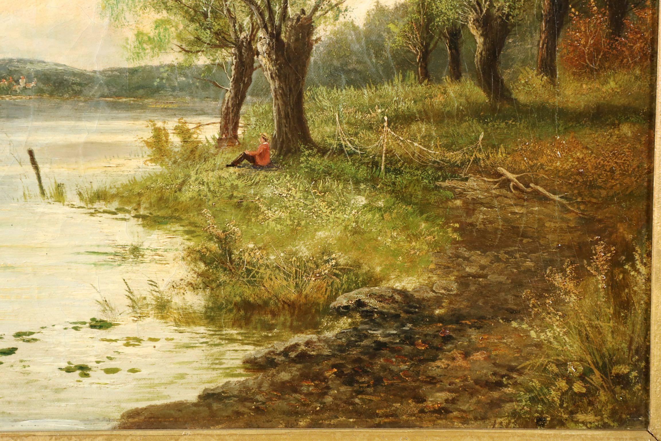 Painted Pair of British School Antique Paintings of Figures at Lake, 19th Century