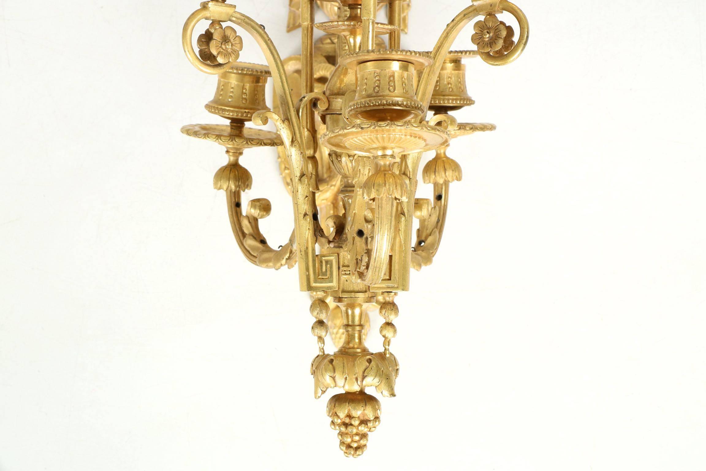 French Pair of Louis XVI Style Bronze Antique Candelabra Wall Sconces, 19th Century