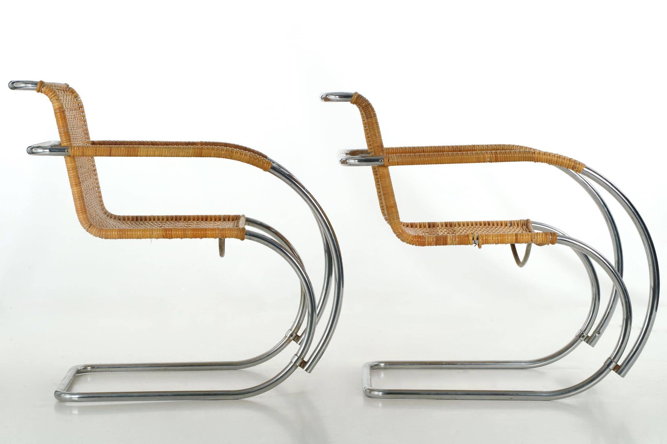 Bauhaus Pair of Mies Van Der Rohe for Stendig MR20 Woven Cane Armchairs, circa 1960s