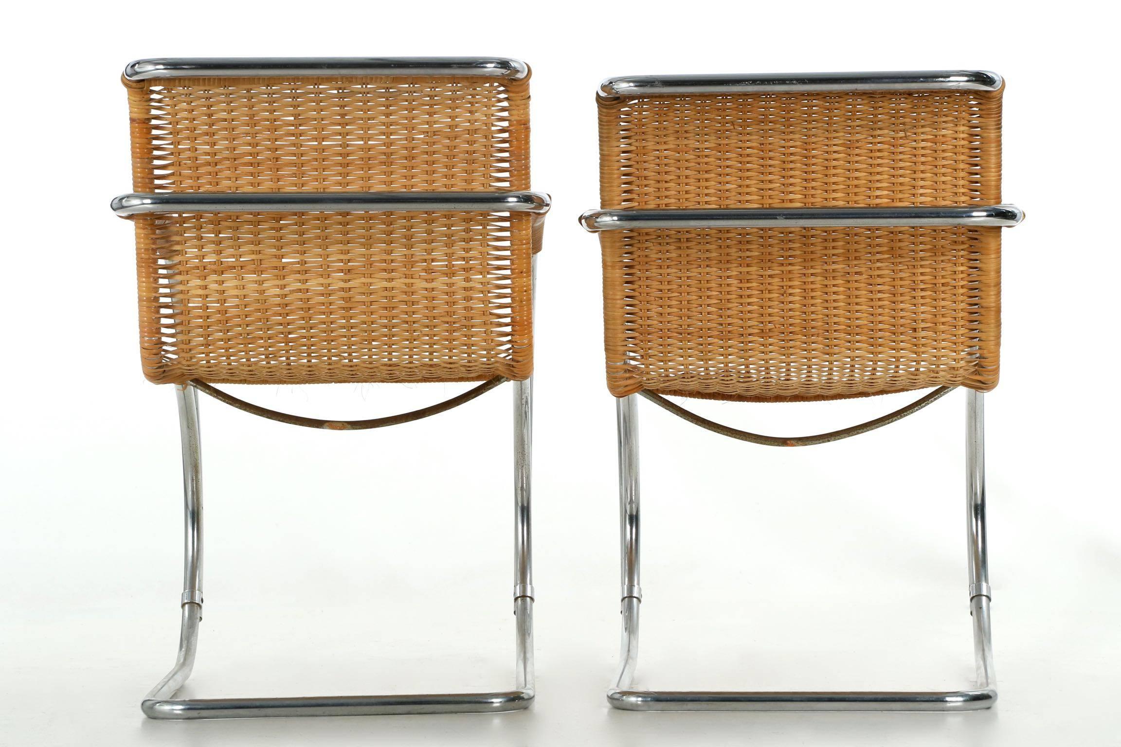 European Pair of Mies Van Der Rohe for Stendig MR20 Woven Cane Armchairs, circa 1960s