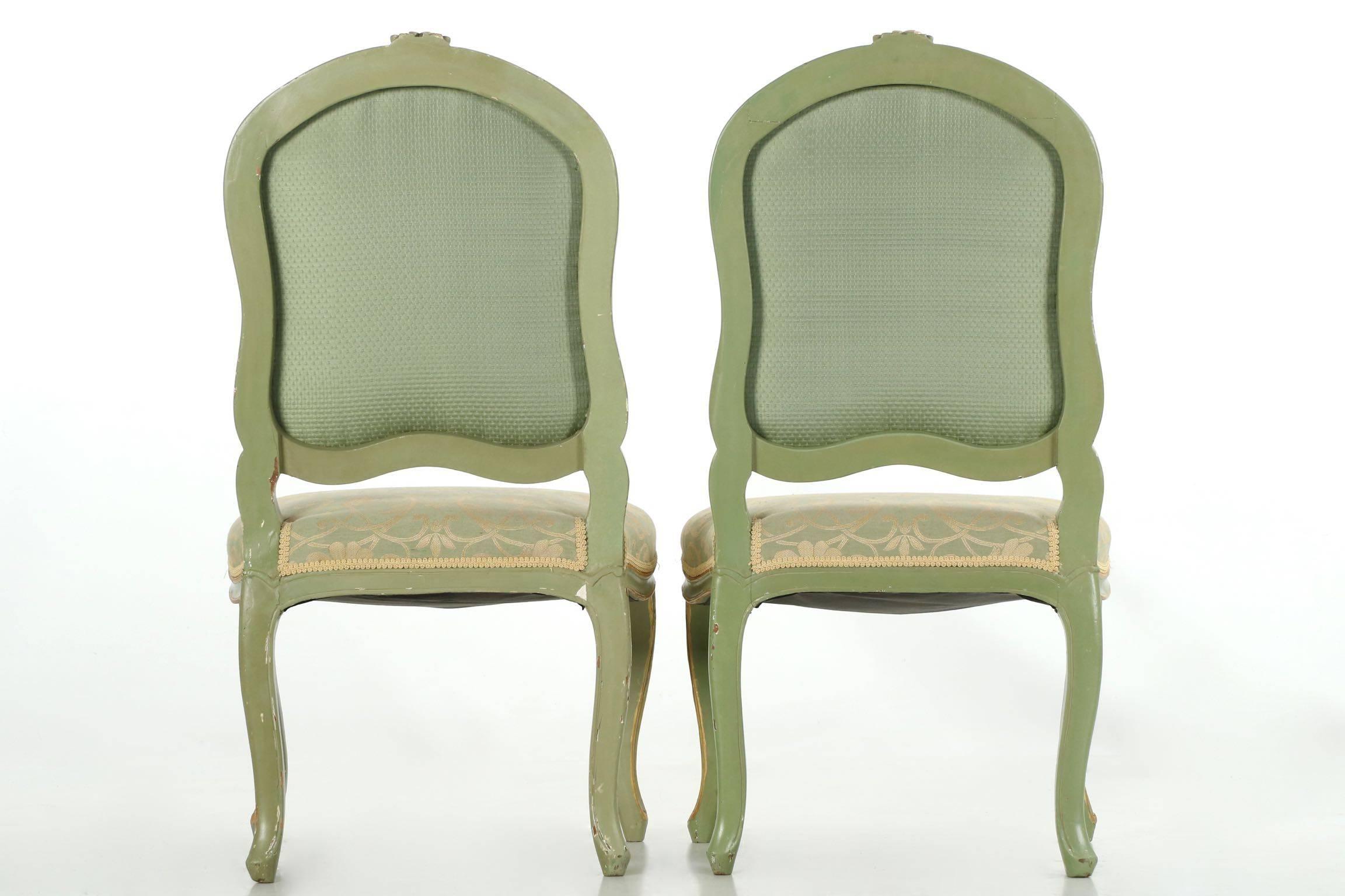 European 19th Century Pair of Green Distressed Painted Louis XV Style Side Chairs
