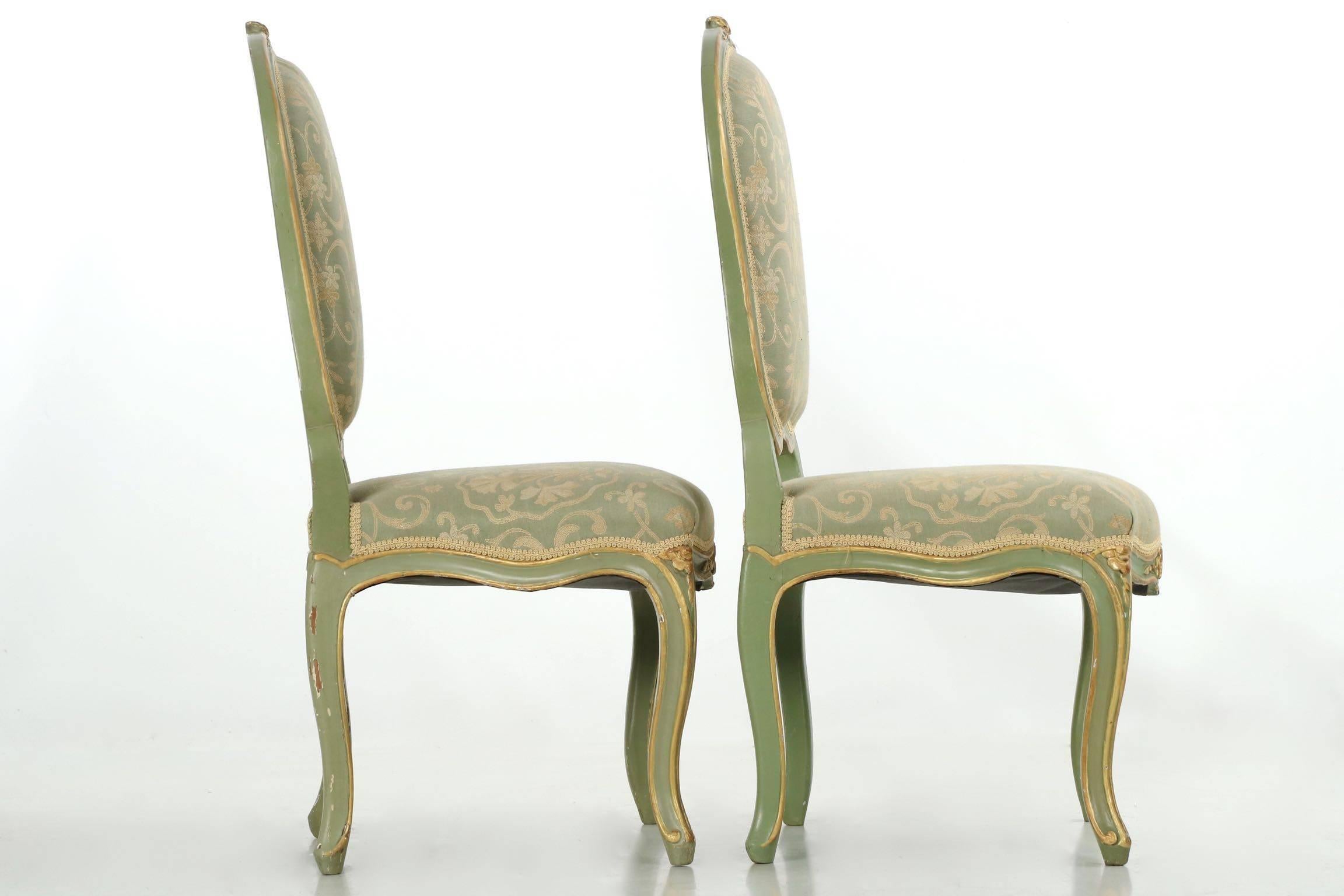 19th Century Pair of Green Distressed Painted Louis XV Style Side Chairs In Good Condition In Shippensburg, PA