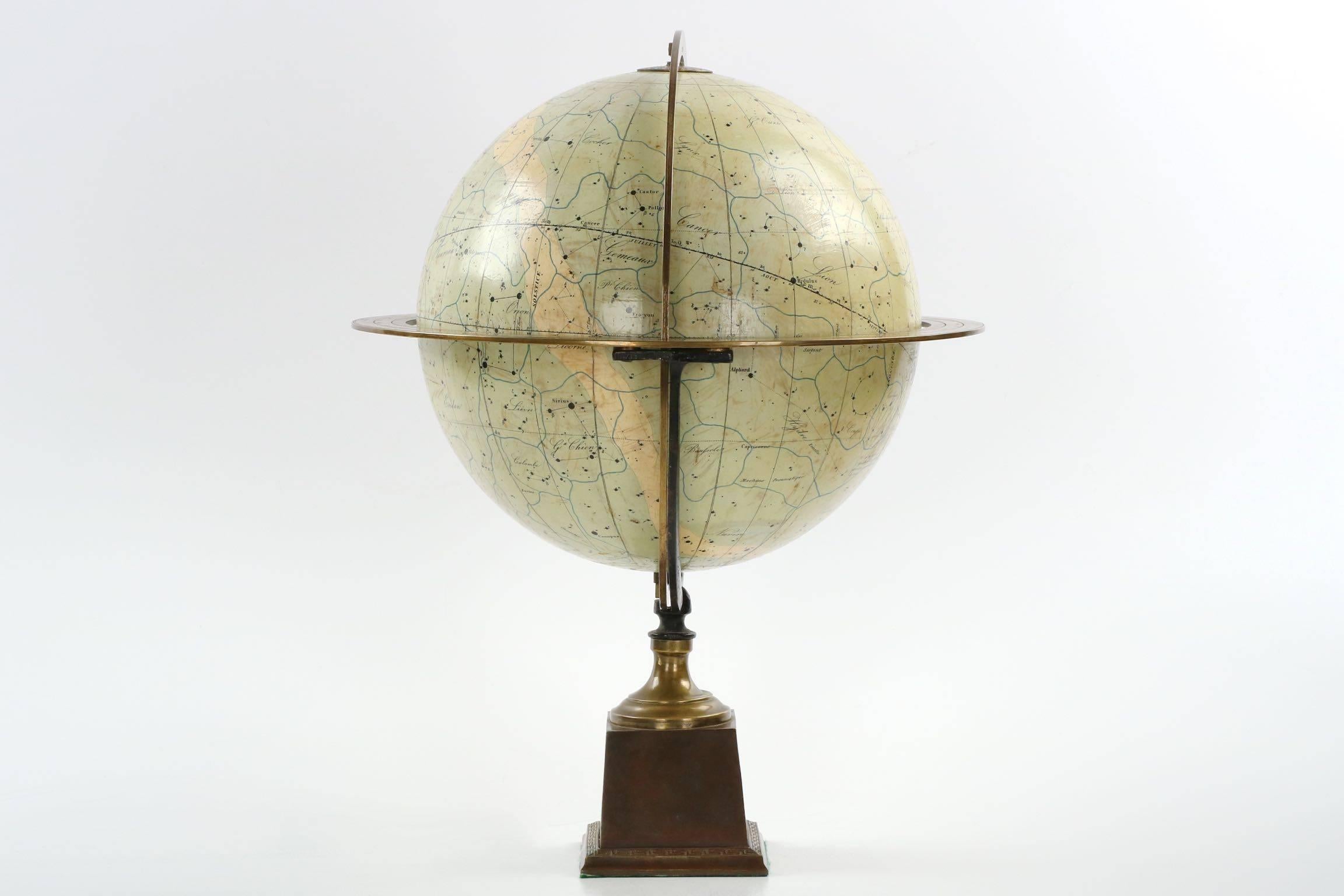 This fine celestial table globe is from the last quarter of the 19th century and is marked Dressé par Ch. Dien, Paris, Ele. Bertaux Editeur, 25 Rue Serpente Paris. The globe is composed of twelve printed gores divided by an equator measuring roman